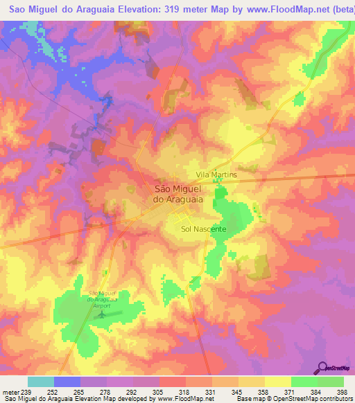 Sao Miguel do Araguaia,Brazil Elevation Map