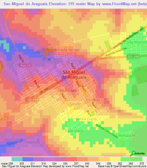 Sao Miguel do Araguaia,Brazil Elevation Map