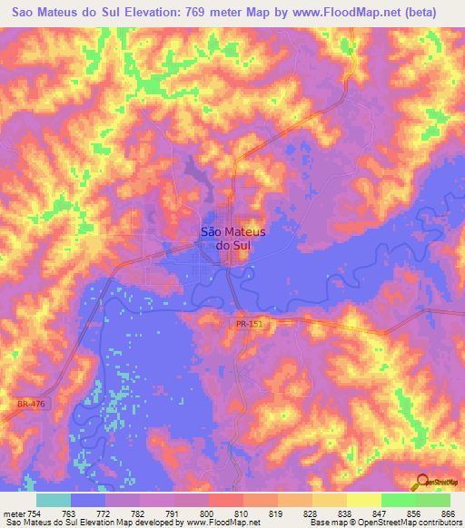 Sao Mateus do Sul,Brazil Elevation Map