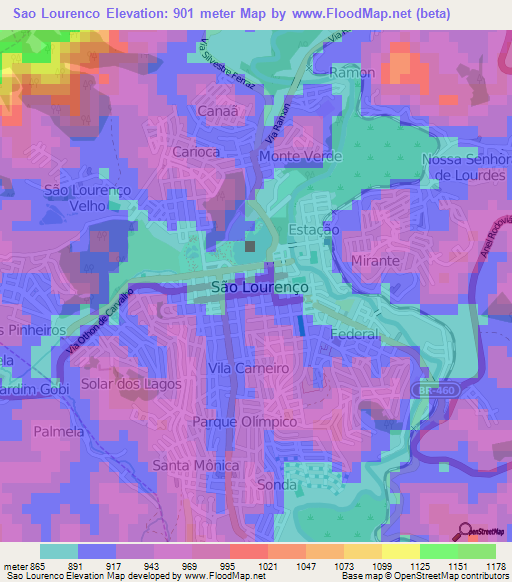 Sao Lourenco,Brazil Elevation Map