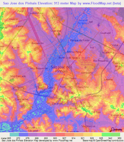 Sao Jose dos Pinhais,Brazil Elevation Map