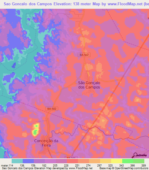 Sao Goncalo dos Campos,Brazil Elevation Map