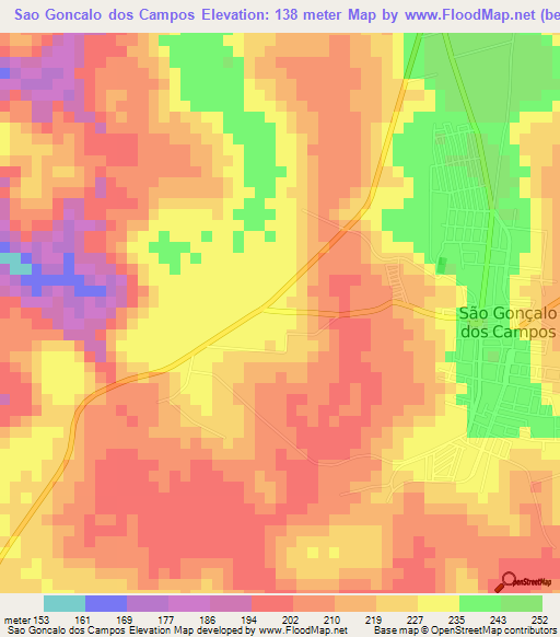 Sao Goncalo dos Campos,Brazil Elevation Map