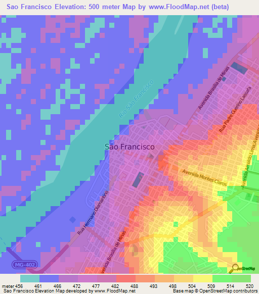 Sao Francisco,Brazil Elevation Map