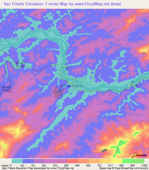 Sao Fidelis,Brazil Elevation Map