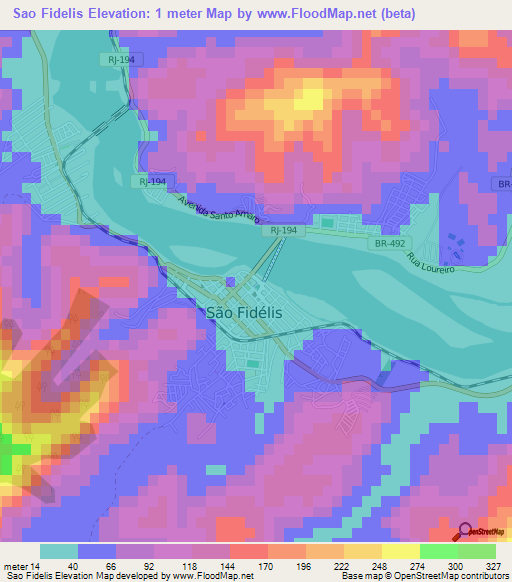 Sao Fidelis,Brazil Elevation Map