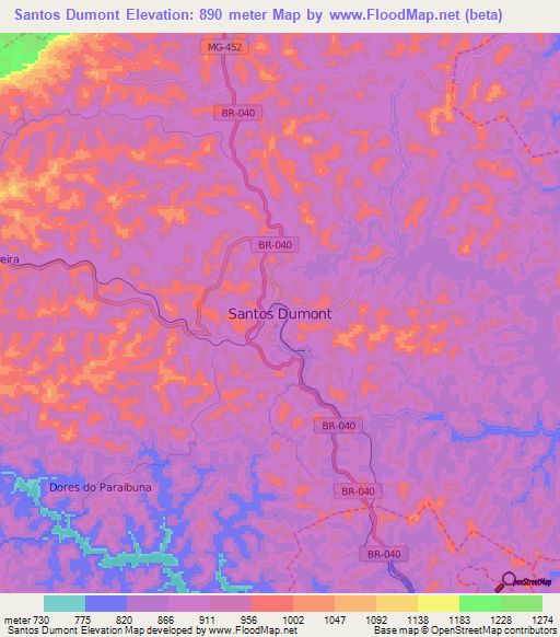 Santos Dumont,Brazil Elevation Map