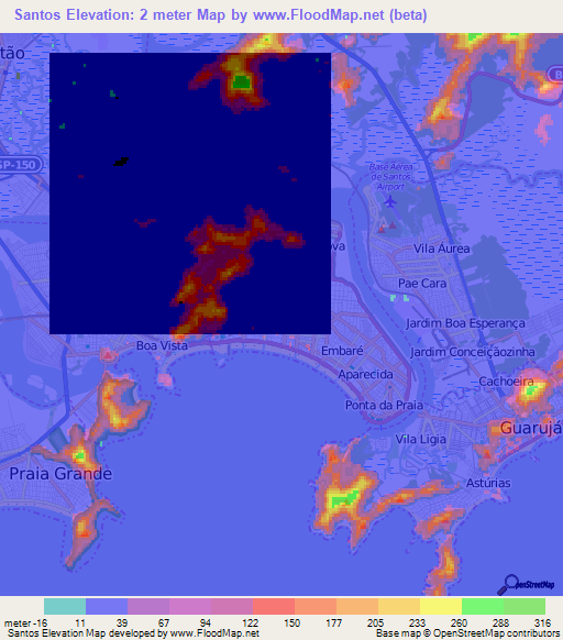 Santos,Brazil Elevation Map