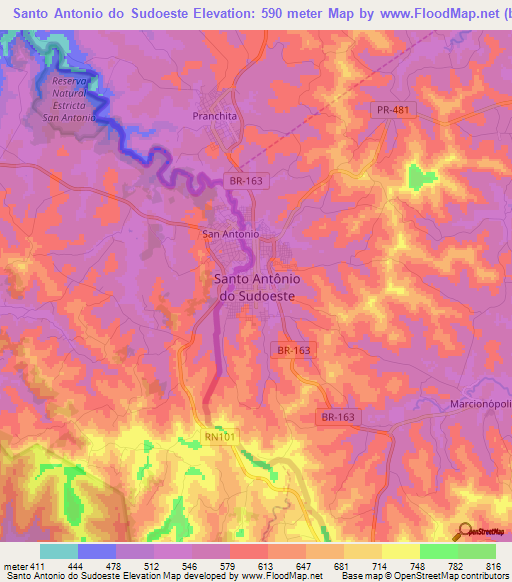 Santo Antonio do Sudoeste,Brazil Elevation Map