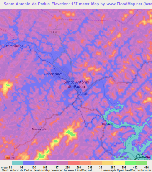 Santo Antonio de Padua,Brazil Elevation Map