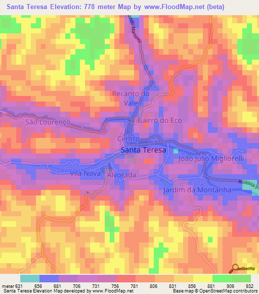 Santa Teresa,Brazil Elevation Map