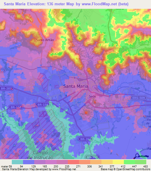 Santa Maria,Brazil Elevation Map