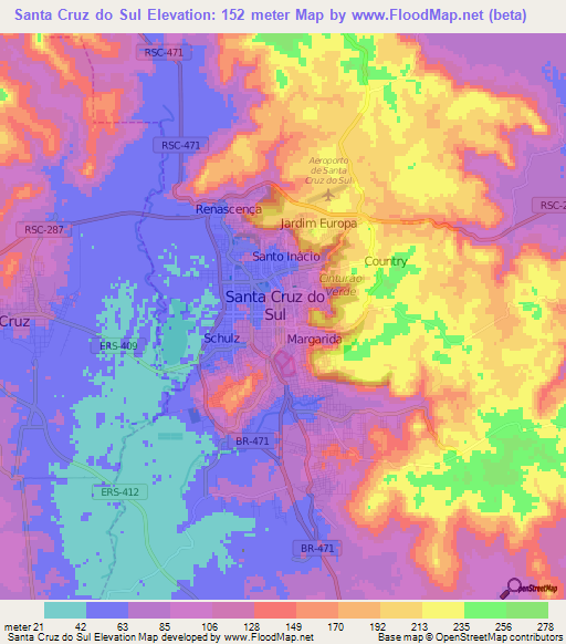 Santa Cruz do Sul,Brazil Elevation Map