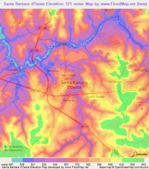 Santa Barbara d'Oeste,Brazil Elevation Map