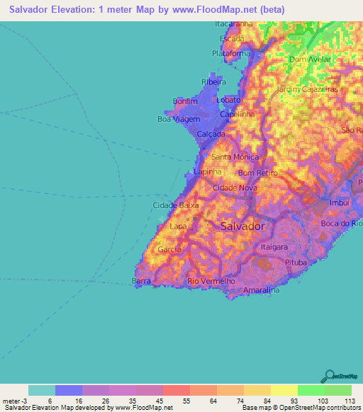 Salvador,Brazil Elevation Map