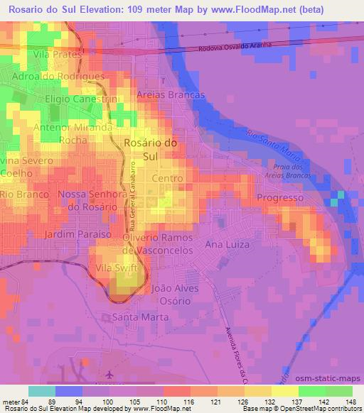 Rosario do Sul,Brazil Elevation Map