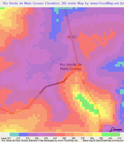 Rio Verde de Mato Grosso,Brazil Elevation Map