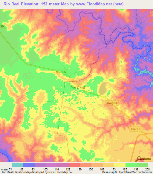 Rio Real,Brazil Elevation Map