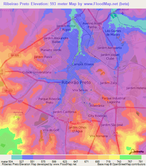 Ribeirao Preto,Brazil Elevation Map