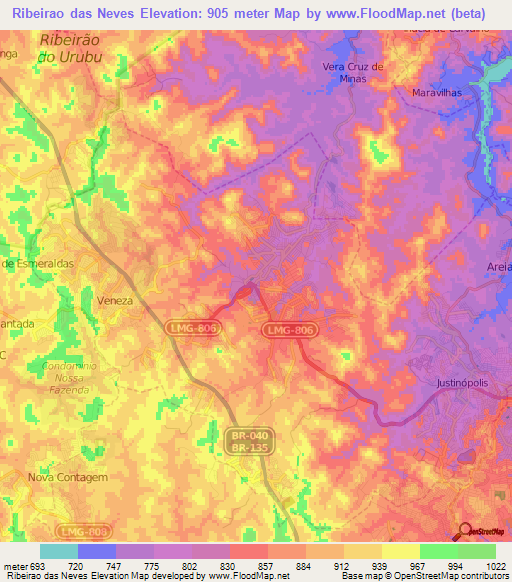 Ribeirao das Neves,Brazil Elevation Map