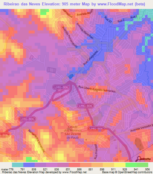 Ribeirao das Neves,Brazil Elevation Map