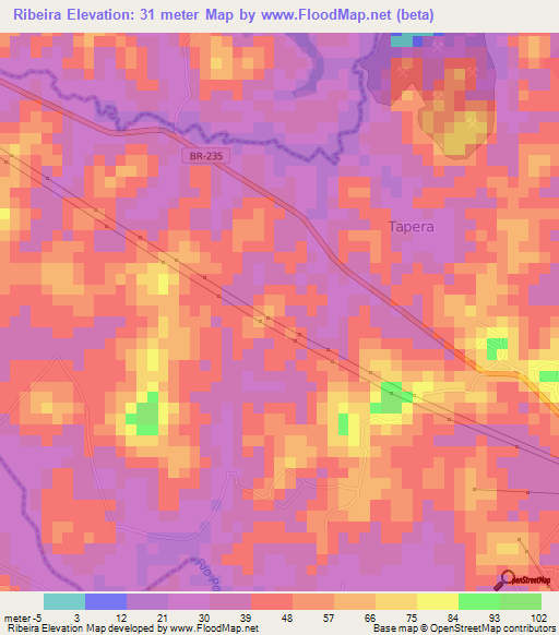 Ribeira,Brazil Elevation Map