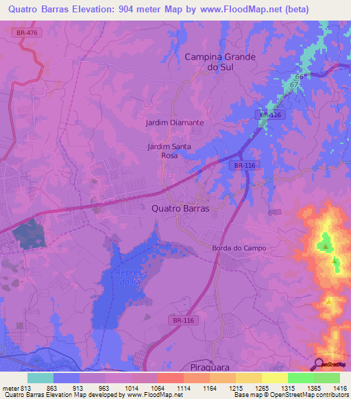 Quatro Barras,Brazil Elevation Map