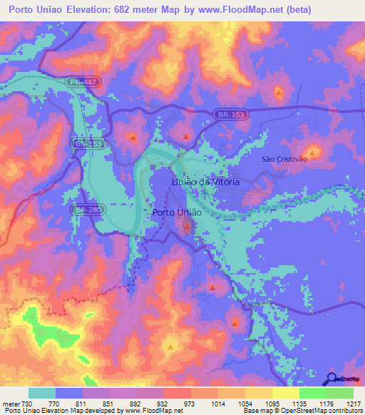 Porto Uniao,Brazil Elevation Map