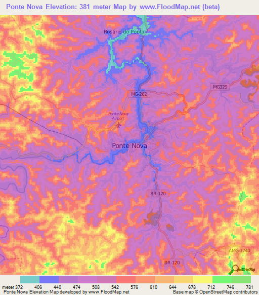 Ponte Nova,Brazil Elevation Map