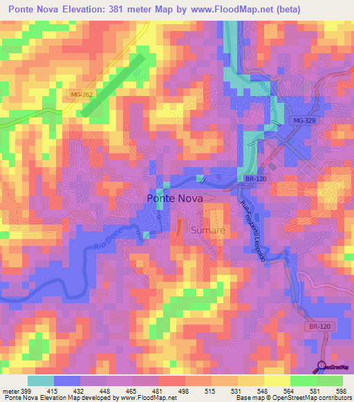 Ponte Nova,Brazil Elevation Map