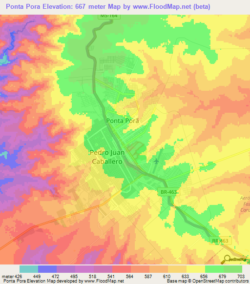 Ponta Pora,Brazil Elevation Map