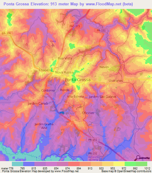 Ponta Grossa,Brazil Elevation Map