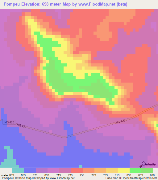 Pompeu,Brazil Elevation Map