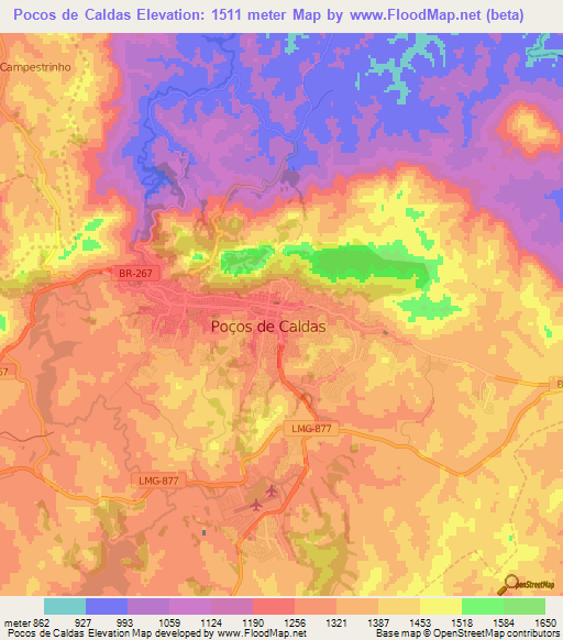 Pocos de Caldas,Brazil Elevation Map