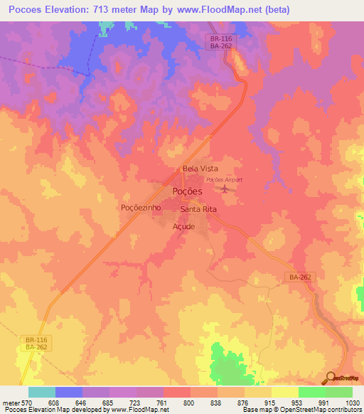 Pocoes,Brazil Elevation Map