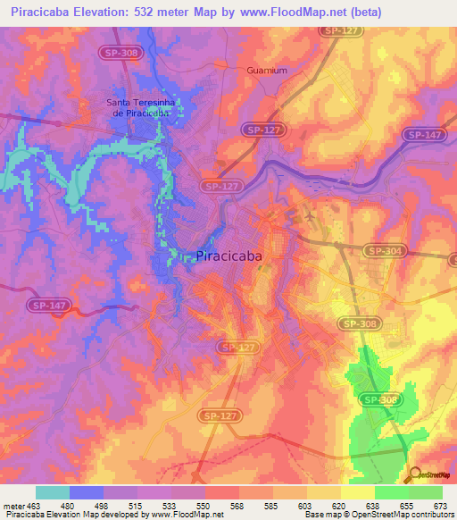 Piracicaba,Brazil Elevation Map