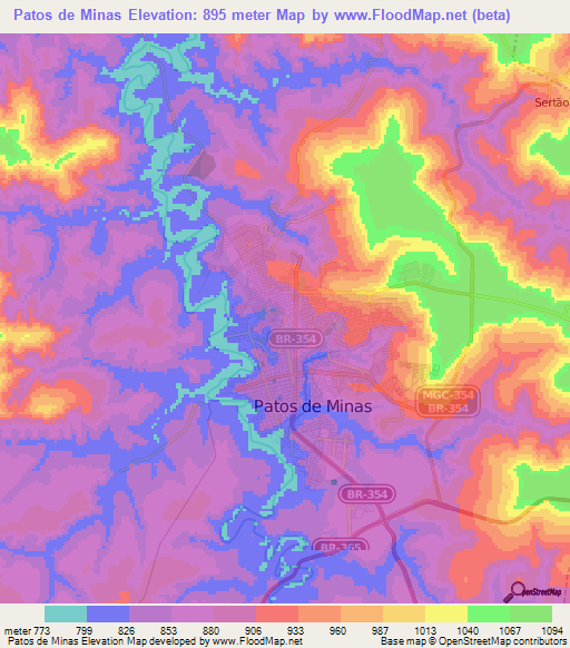 Patos de Minas,Brazil Elevation Map