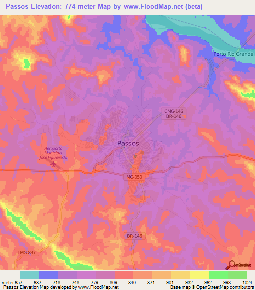 Passos,Brazil Elevation Map