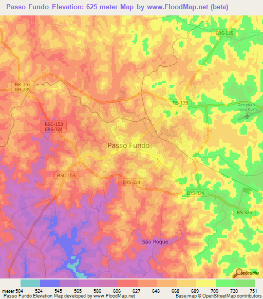 Passo Fundo,Brazil Elevation Map