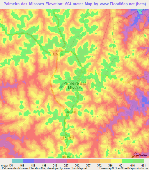 Palmeira das Missoes,Brazil Elevation Map