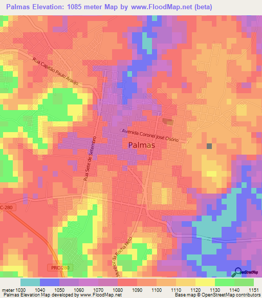 Palmas,Brazil Elevation Map