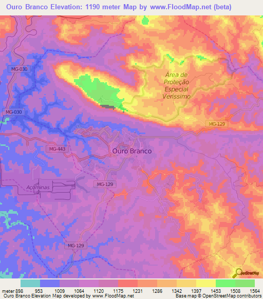 Ouro Branco,Brazil Elevation Map