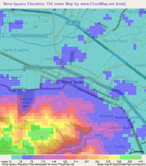 Nova Iguacu,Brazil Elevation Map