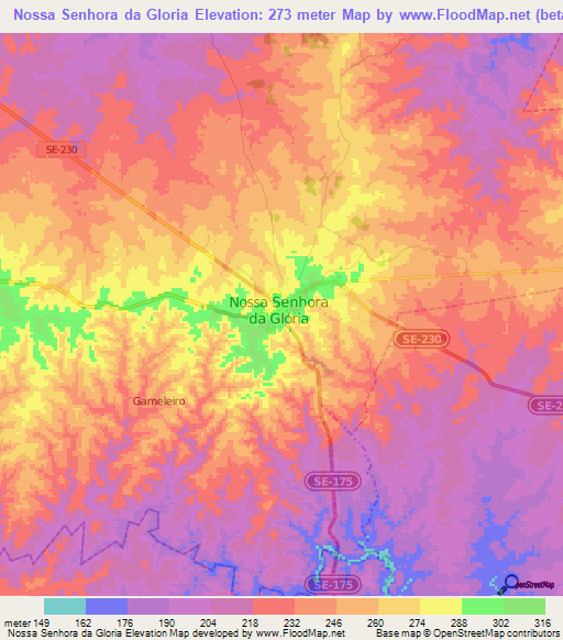 Nossa Senhora da Gloria,Brazil Elevation Map