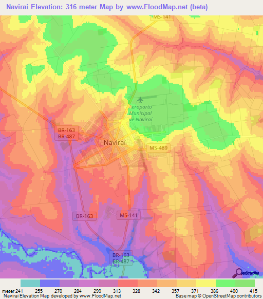 Navirai,Brazil Elevation Map