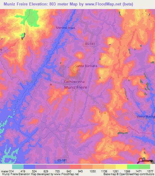 Muniz Freire,Brazil Elevation Map