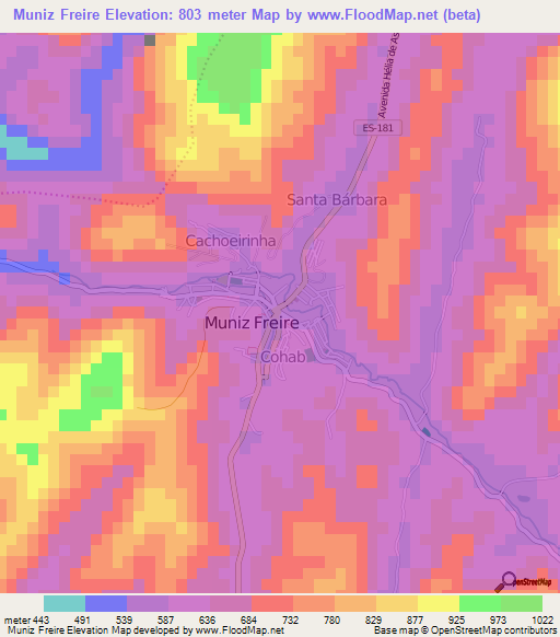 Muniz Freire,Brazil Elevation Map