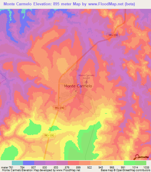 Monte Carmelo,Brazil Elevation Map