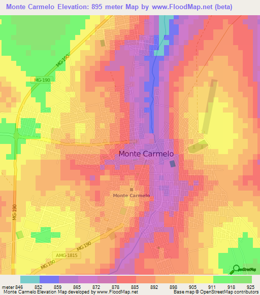 Monte Carmelo,Brazil Elevation Map