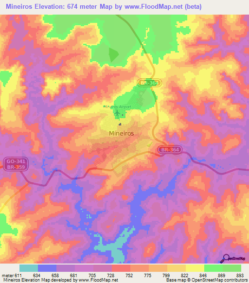 Mineiros,Brazil Elevation Map